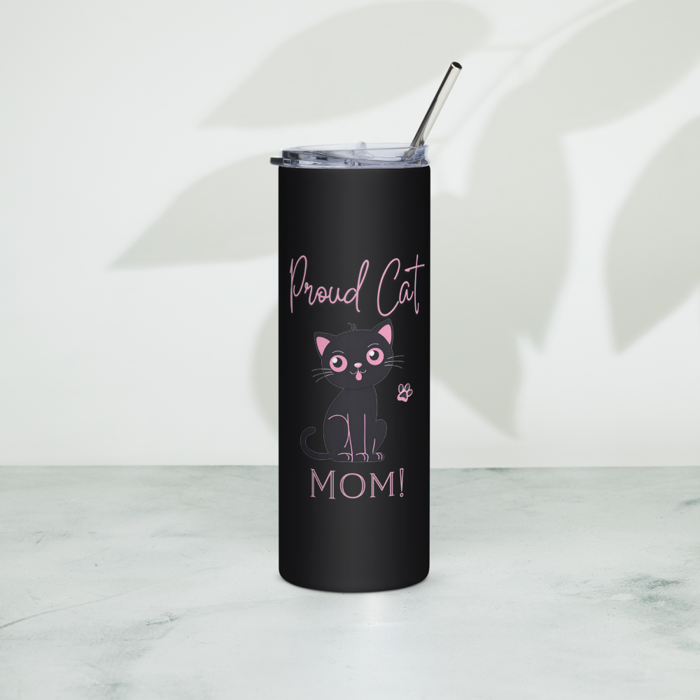 20oz Skinny Tumbler Proud Cat Mom  - Stainless Steel Cup With Lid And Straw