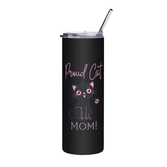 20oz Skinny Tumbler Proud Cat Mom  - Stainless Steel Cup With Lid And Straw