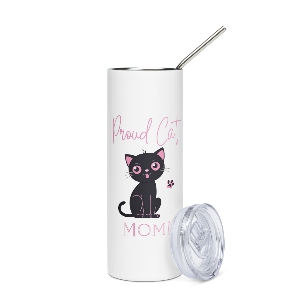 20oz Skinny Tumbler Proud Cat Mom  - Stainless Steel Cup With Lid And Straw