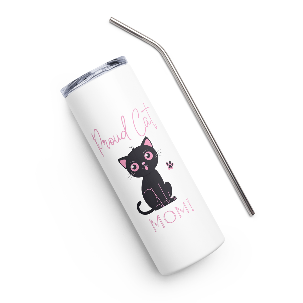 20oz Skinny Tumbler Proud Cat Mom  - Stainless Steel Cup With Lid And Straw