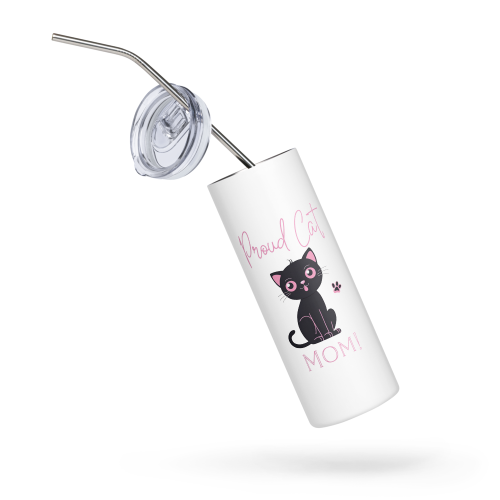 20oz Skinny Tumbler Proud Cat Mom  - Stainless Steel Cup With Lid And Straw