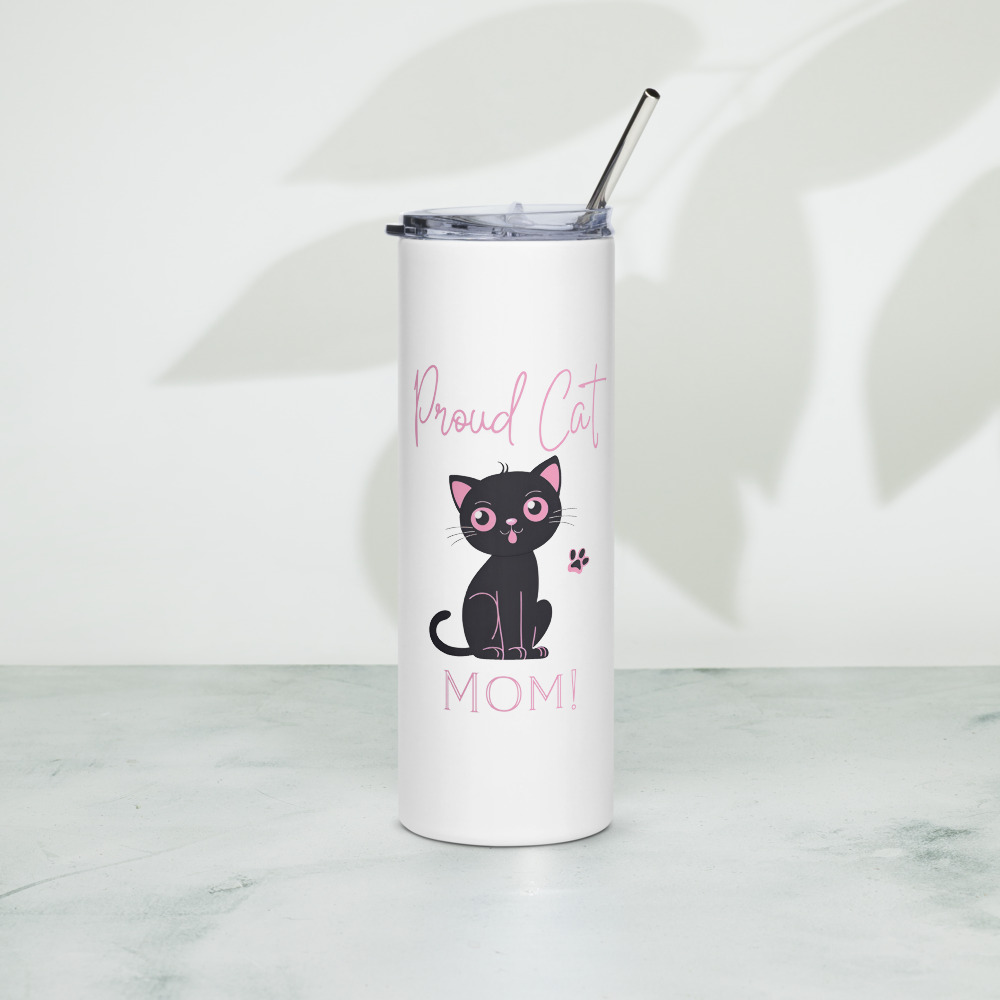 20oz Skinny Tumbler Proud Cat Mom  - Stainless Steel Cup With Lid And Straw