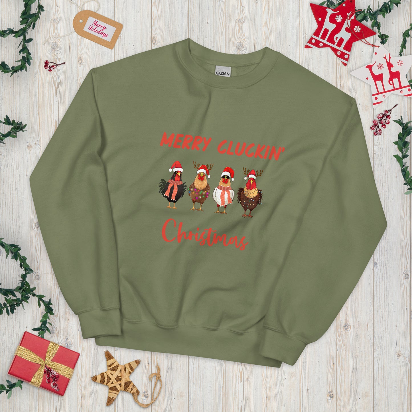 Merry Cluckin' Christmas Unisex Sweatshirt With Athletic Ribbed Knit Collar - Perfect Chicken Lovers' Xmas Apparel