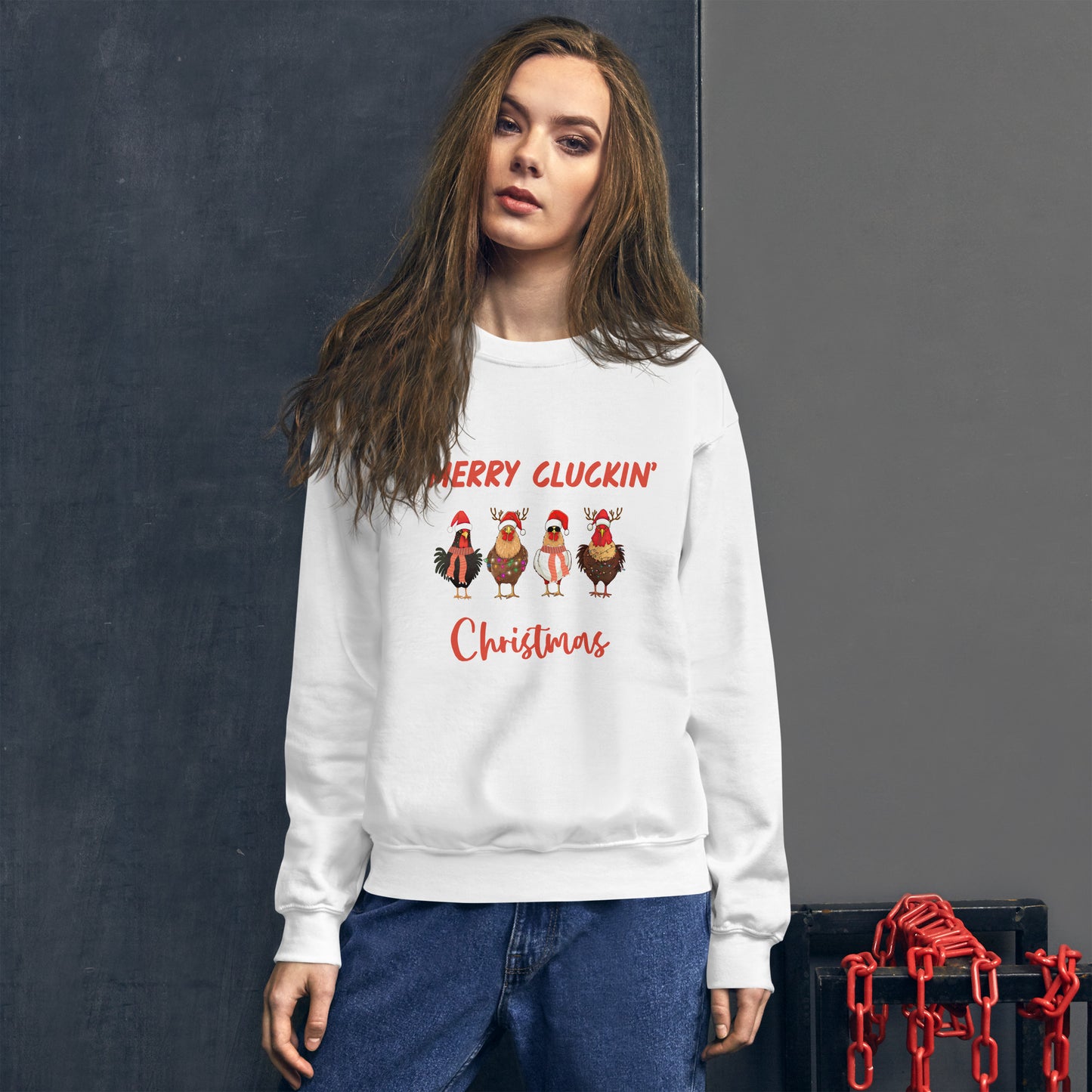 Merry Cluckin' Christmas Unisex Sweatshirt With Athletic Ribbed Knit Collar - Perfect Chicken Lovers' Xmas Apparel