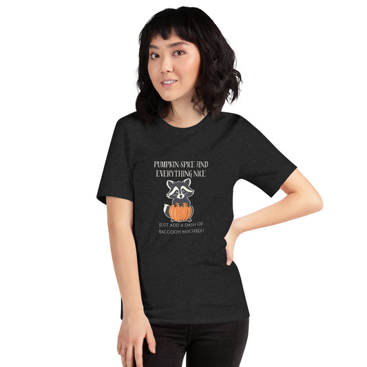 Pumpkin Spice and Everything Nice Add a Dash of Raccoon Mischief T-Shirt, Fall Graphic Tee