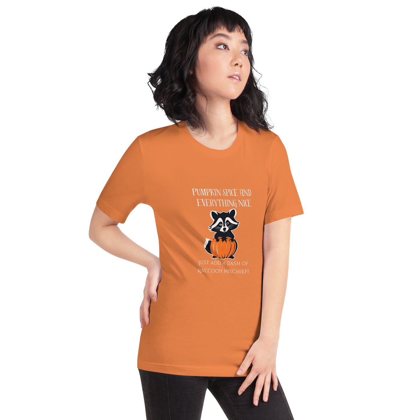 Pumpkin Spice and Everything Nice Add a Dash of Raccoon Mischief T-Shirt, Fall Graphic Tee