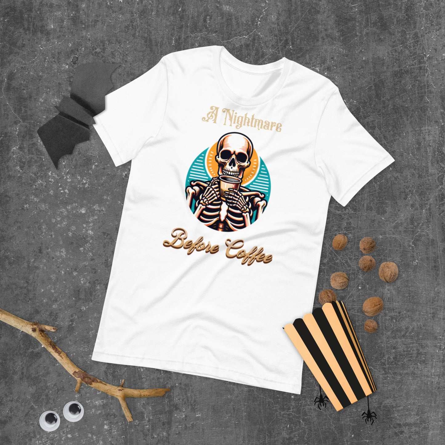 A Nightmare Before Coffee with Male Skeleton Unisex Tee In White