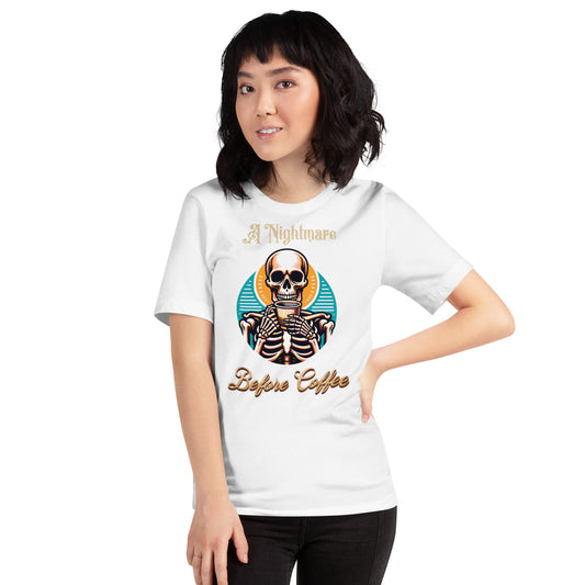 A Nightmare Before Coffee with Male Skeleton Unisex Tee In White