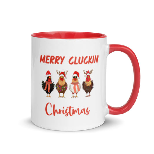 Merry Cluckin' Christmas Ceramic Coffee Mug - Holiday Chicken Print - 11oz or 15oz - Red Handle and Interior