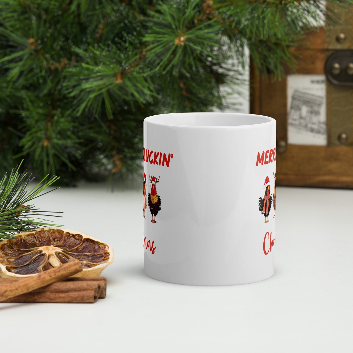 Merry Cluckin' Christmas Ceramic Coffee Mug, Adorable Holiday Chicken Print in 11oz or 15oz Sizes