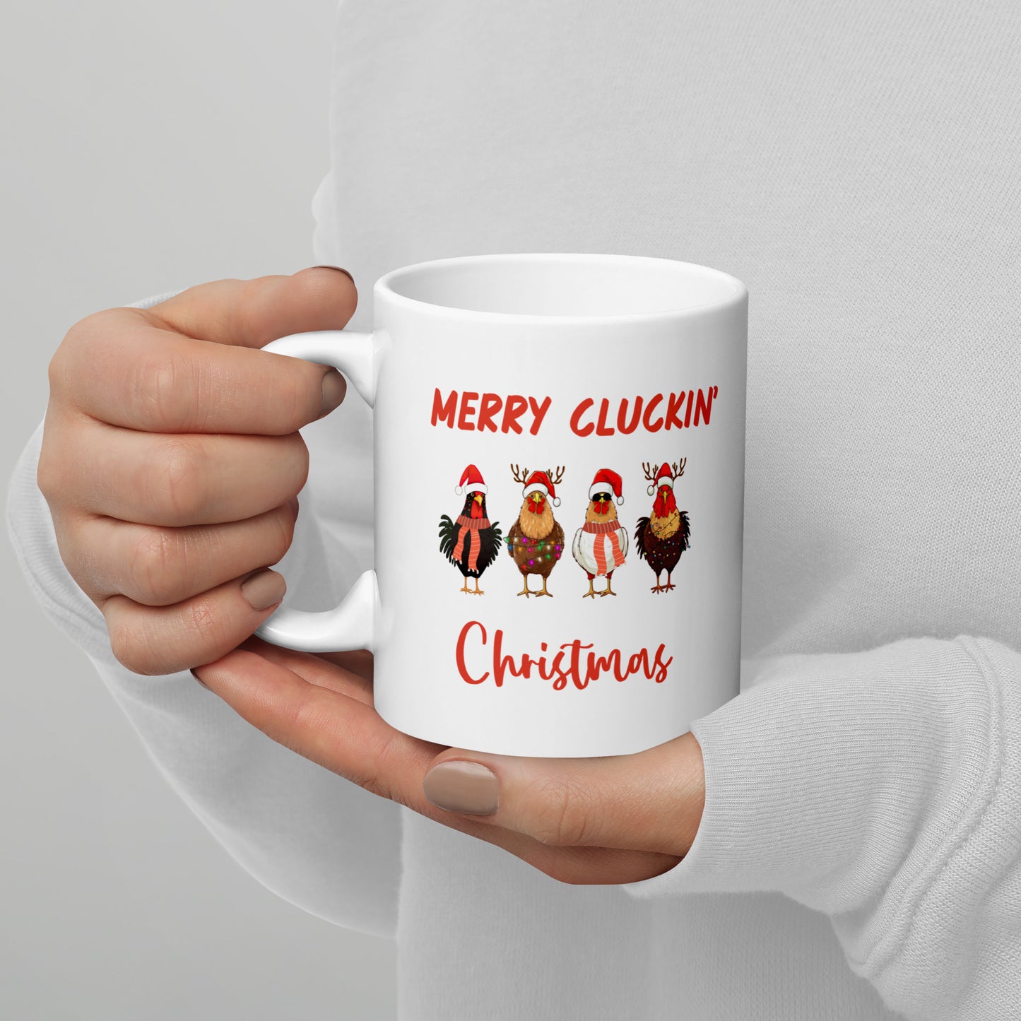 Merry Cluckin' Christmas Ceramic Coffee Mug, Adorable Holiday Chicken Print in 11oz or 15oz Sizes