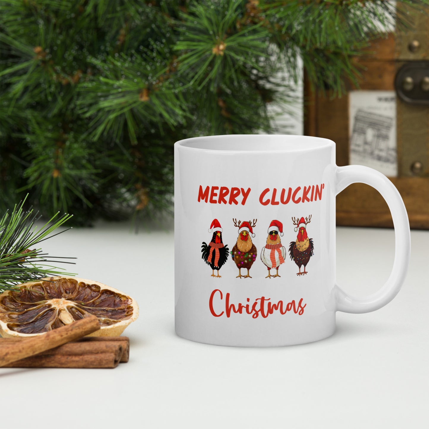 Merry Cluckin' Christmas Ceramic Coffee Mug, Adorable Holiday Chicken Print in 11oz or 15oz Sizes