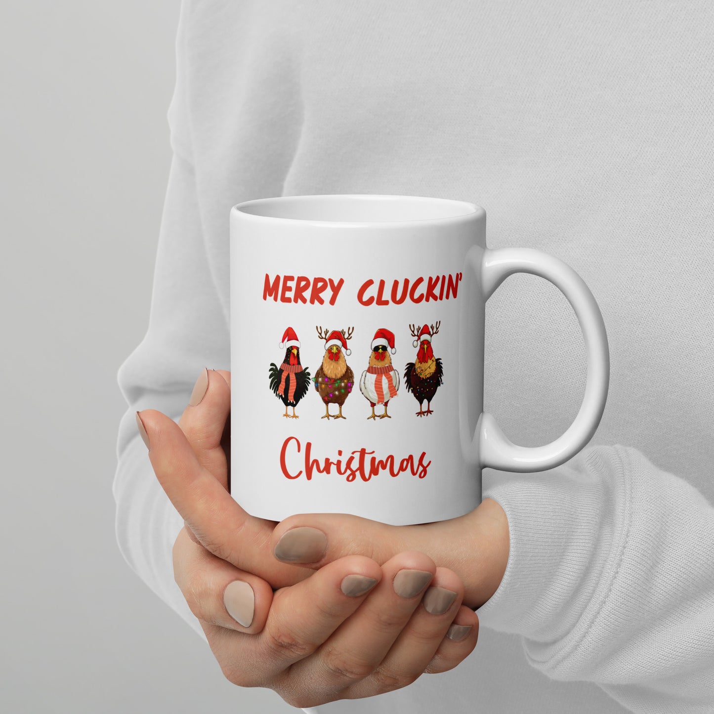 Merry Cluckin' Christmas Ceramic Coffee Mug, Adorable Holiday Chicken Print in 11oz or 15oz Sizes