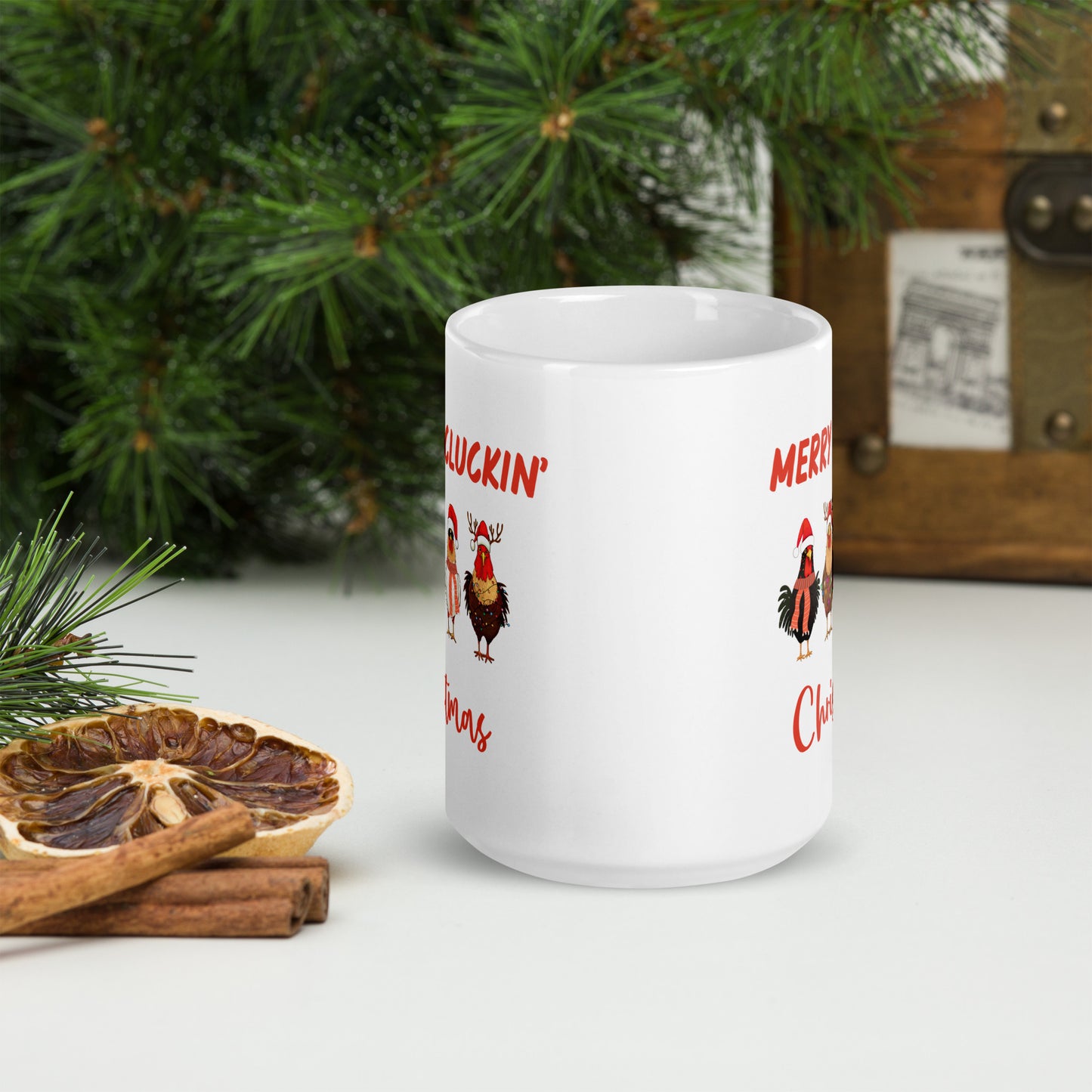 Merry Cluckin' Christmas Ceramic Coffee Mug, Adorable Holiday Chicken Print in 11oz or 15oz Sizes