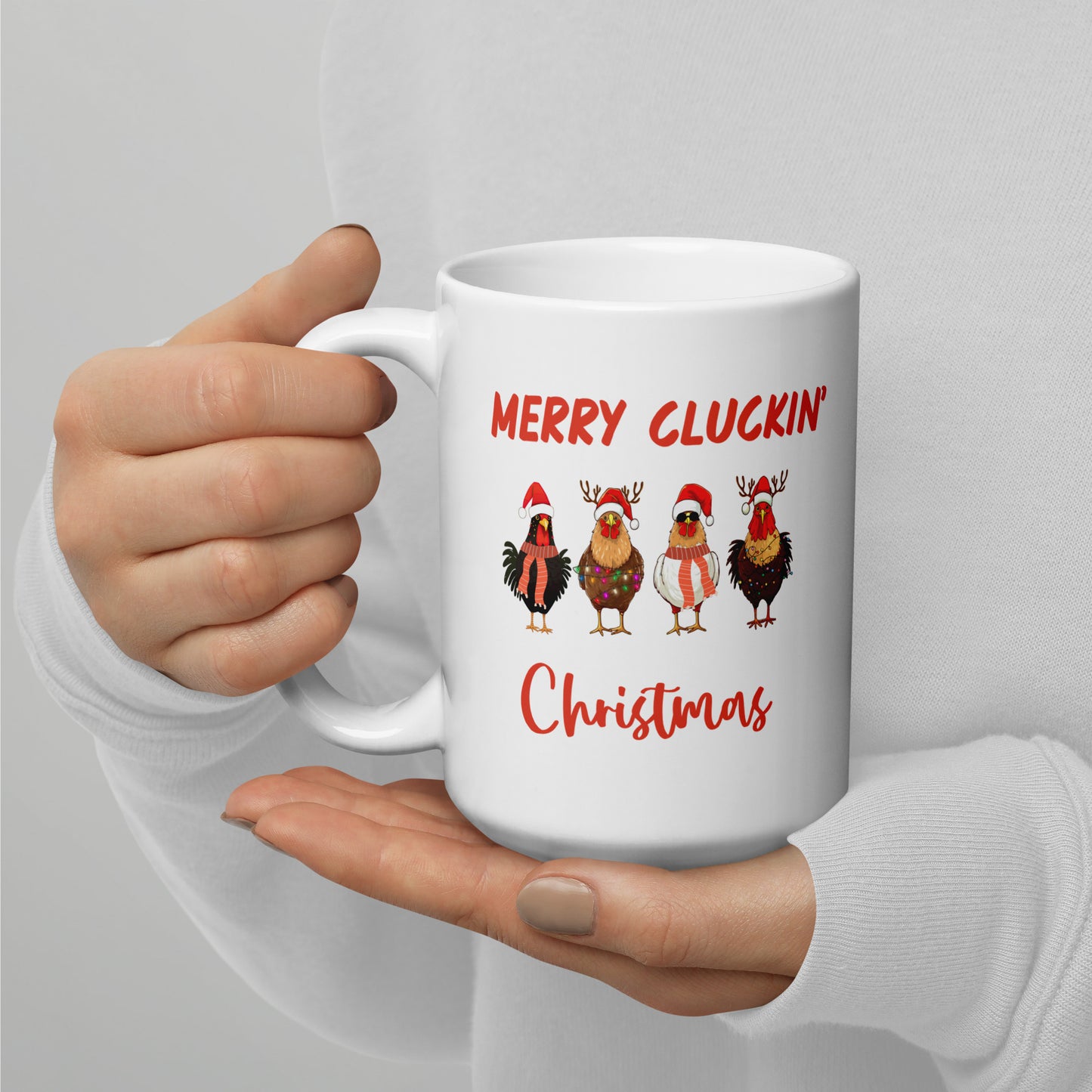 Merry Cluckin' Christmas Ceramic Coffee Mug, Adorable Holiday Chicken Print in 11oz or 15oz Sizes