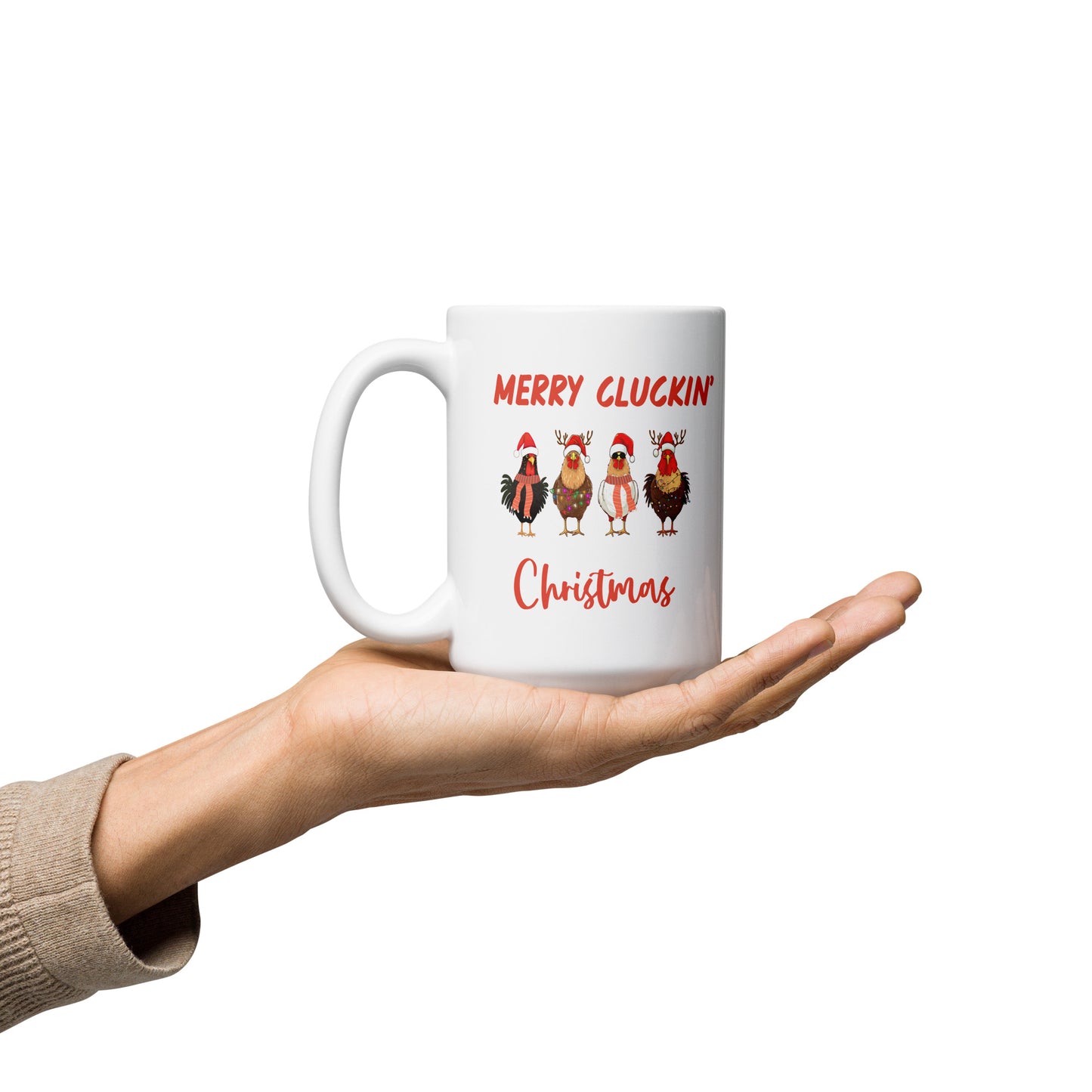 Merry Cluckin' Christmas Ceramic Coffee Mug, Adorable Holiday Chicken Print in 11oz or 15oz Sizes