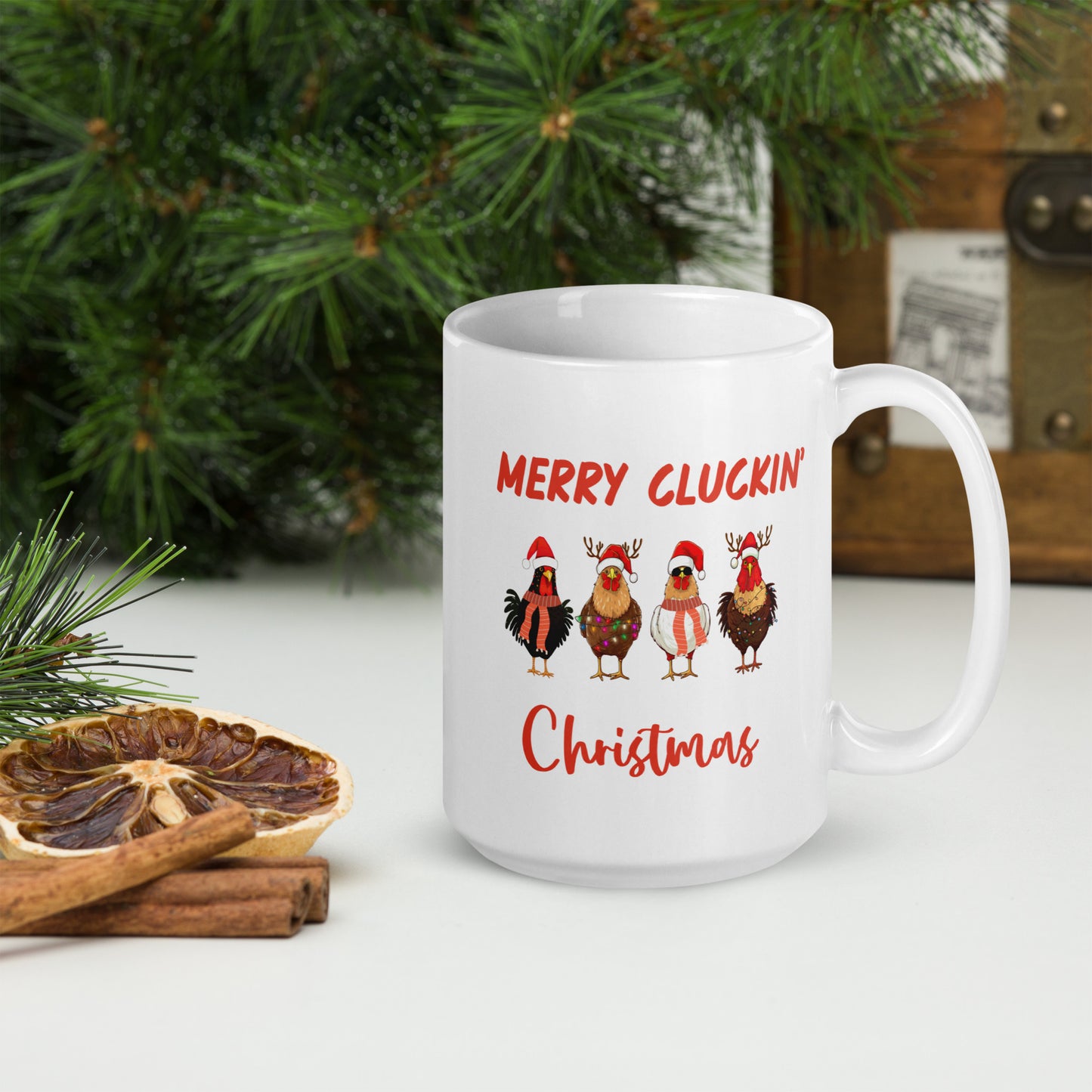 Merry Cluckin' Christmas Ceramic Coffee Mug, Adorable Holiday Chicken Print in 11oz or 15oz Sizes