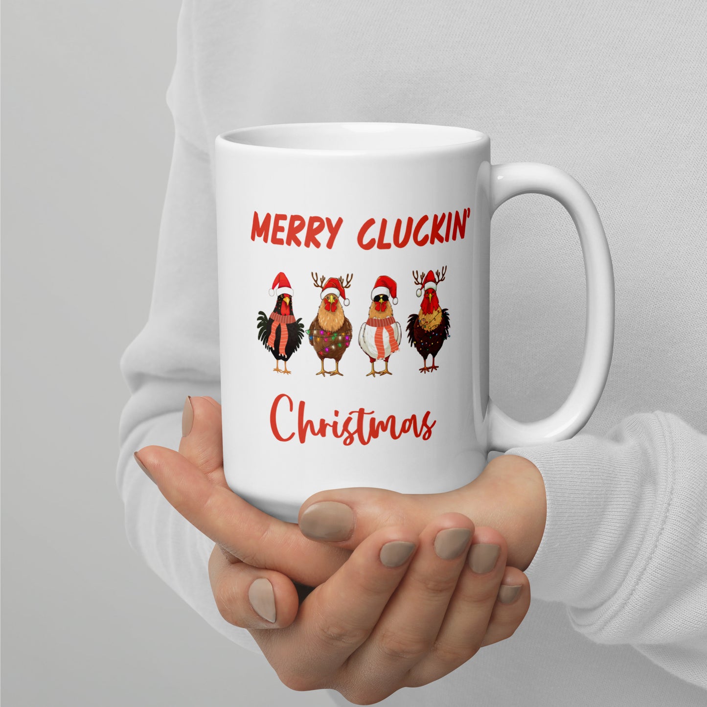 Merry Cluckin' Christmas Ceramic Coffee Mug, Adorable Holiday Chicken Print in 11oz or 15oz Sizes