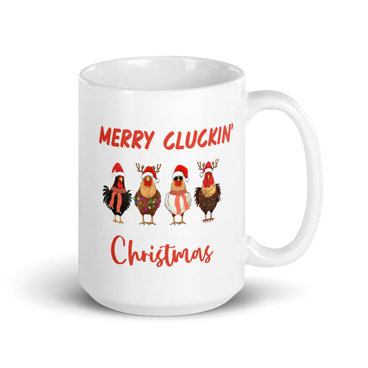 Merry Cluckin' Christmas Ceramic Coffee Mug, Adorable Holiday Chicken Print in 11oz or 15oz Sizes